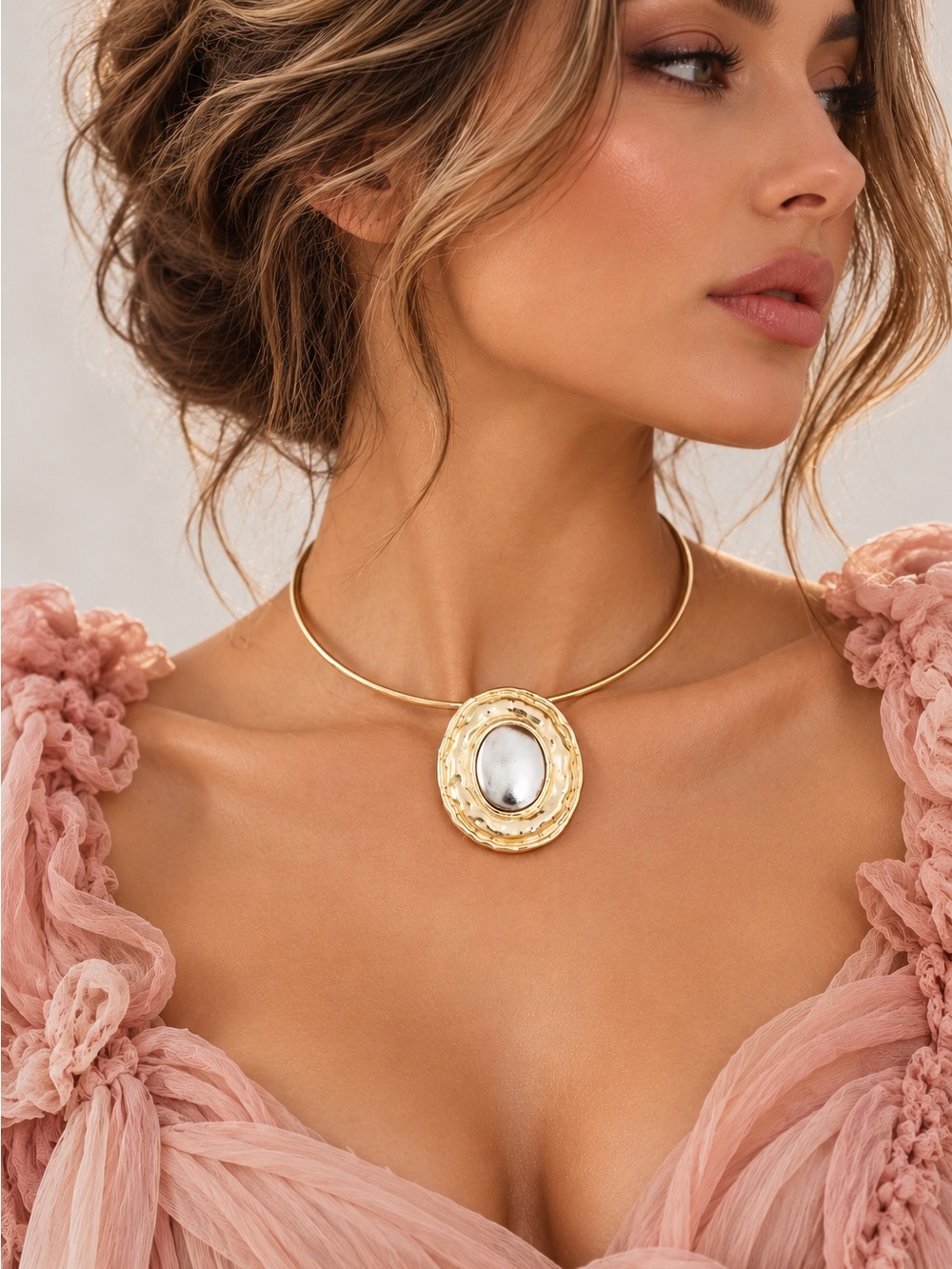 Gold Statement Choker Necklace with Silver Center